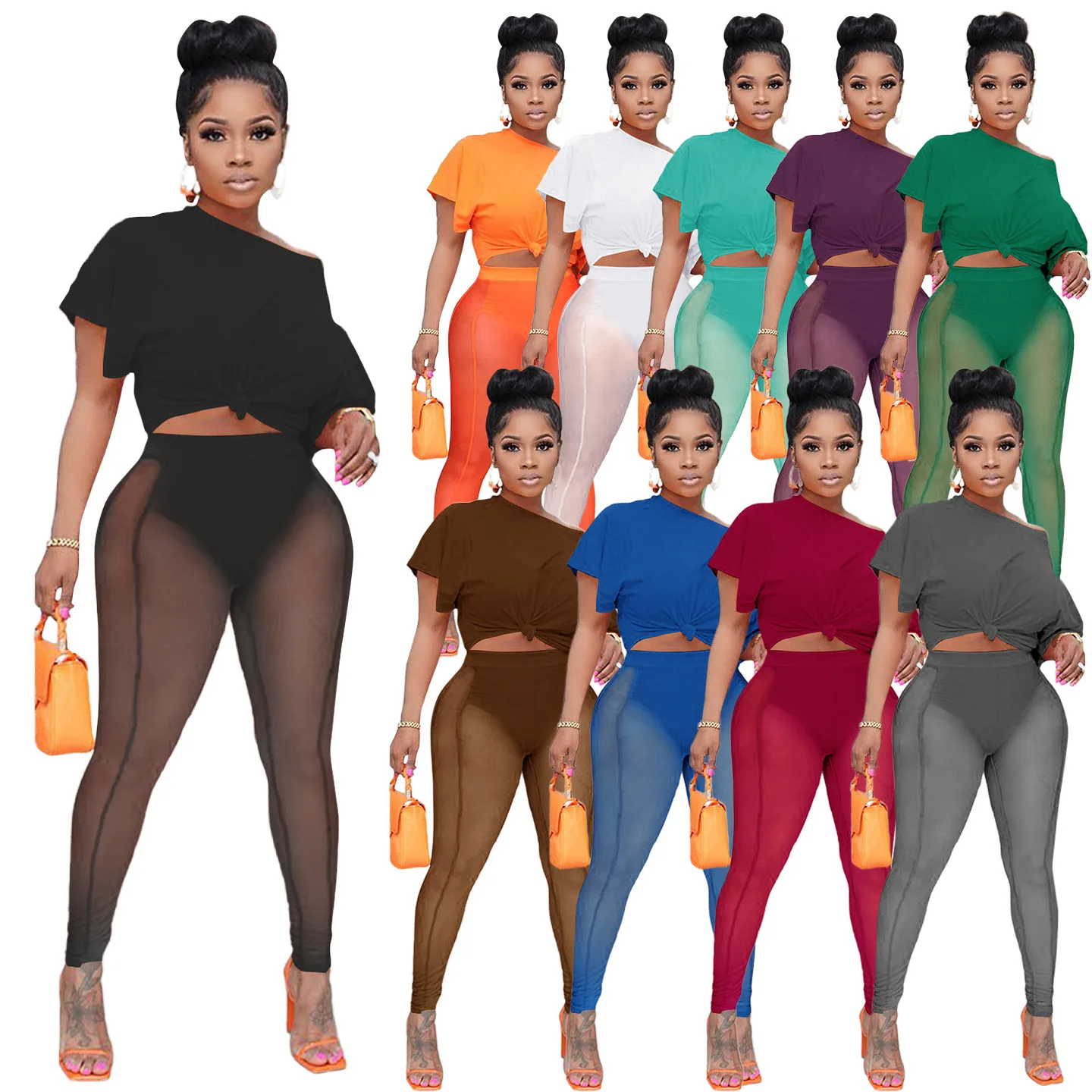 

Summer Crop Top T-shirt Legging Suit For Ladies 2022 Two-pieces Outfit Fashion Mesh Commuter 2 Piece Shorts Women Set