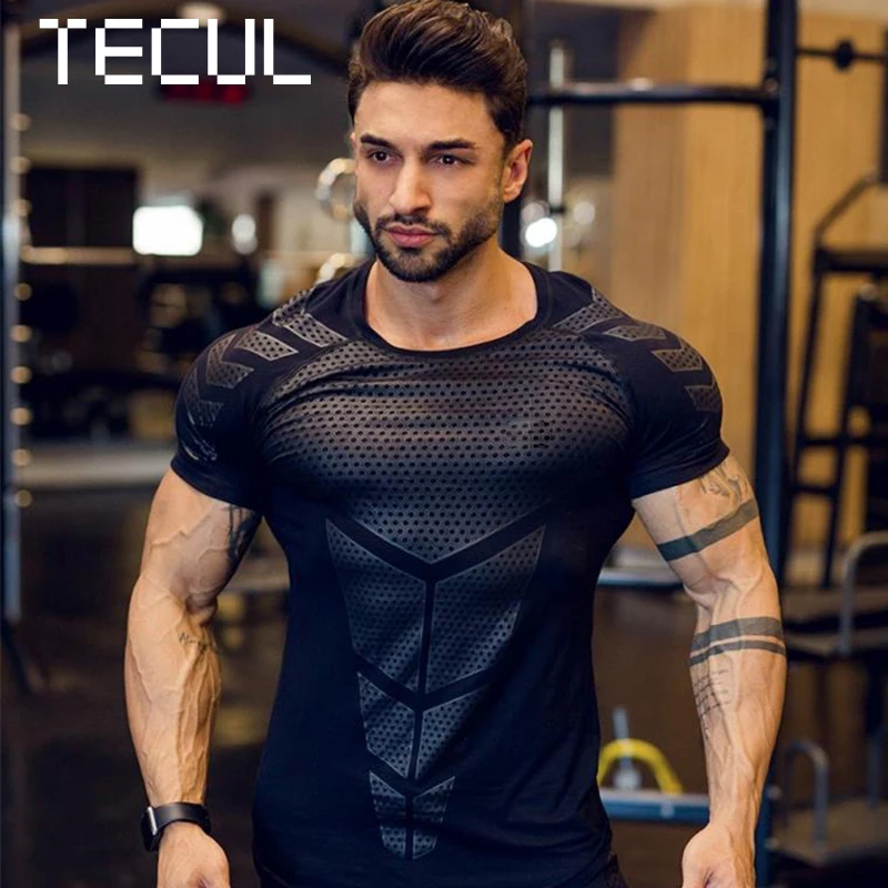 

TECUL sport t-shirt men's fitness sports t-shirt muscle brothers elastic training quick-dry short-sleeved fitness clothes