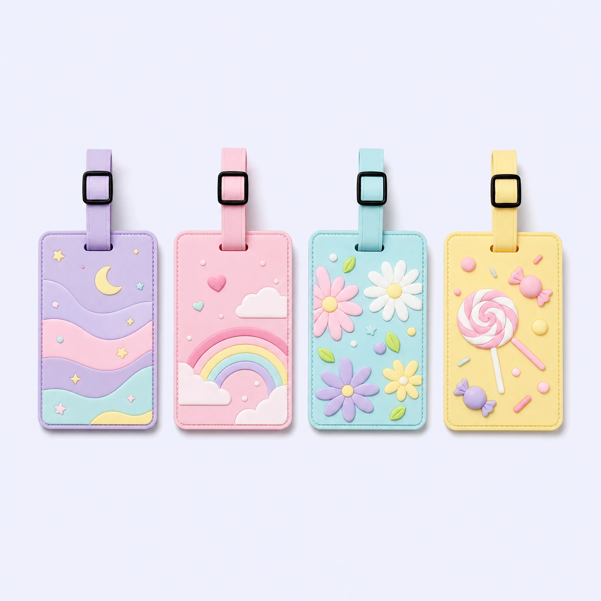 Custom 3D Soft PVC Dreamy Kawaii 4-Pack: Moon Star Sky, Rainbow Cloud, Daisy Flower, Lollipop Candy