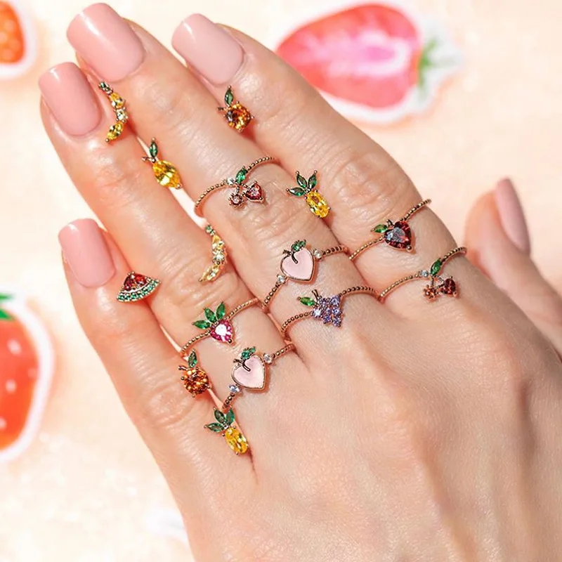 

2020 New Korean Sweet Jewelry Gift Crystal Strawberry Cherry Grape Rings for Women Cute Fruit Butterfly Gem Gold Plated Rings