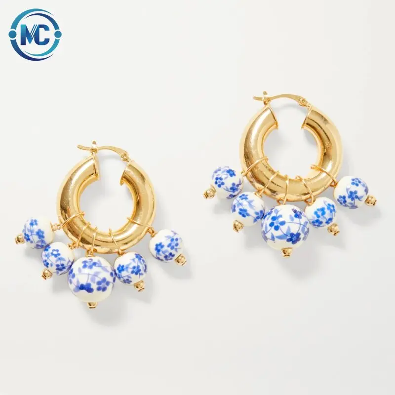 

2021 latest Oriental Style blue and white porcelain brass 18k gold plating hoop earrings, Picture shows