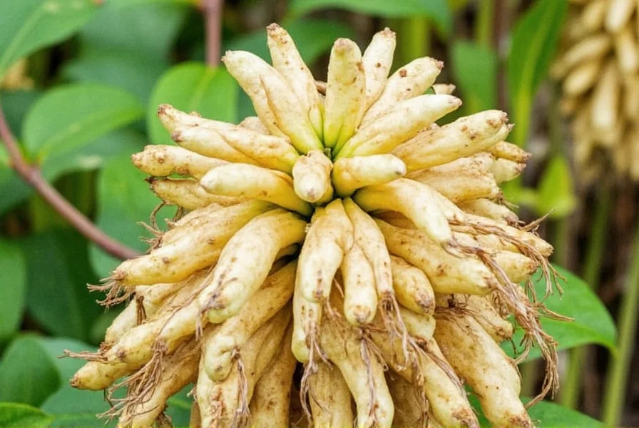 Close-up view of Dandy's World Ginger plant showing variegated leaves and developing rhizomes in well-drained soil