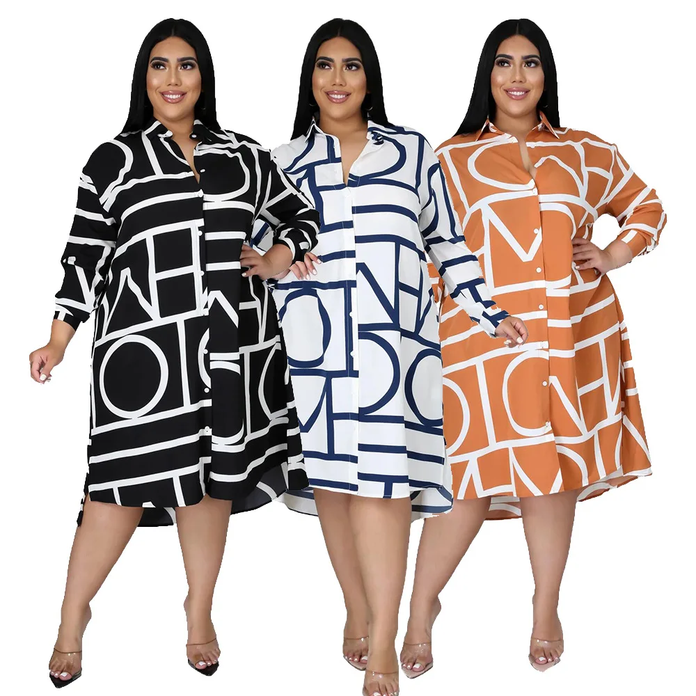 

2021 Hot Sale Hot Print Lapel Long Sleeve Irregular Hem Ladies Shirt Dress
