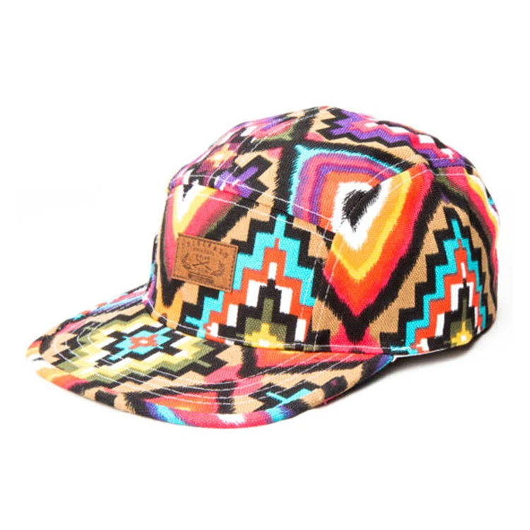 Custom Leather Strap Printed Aztec 5 Panel Hat with Patch