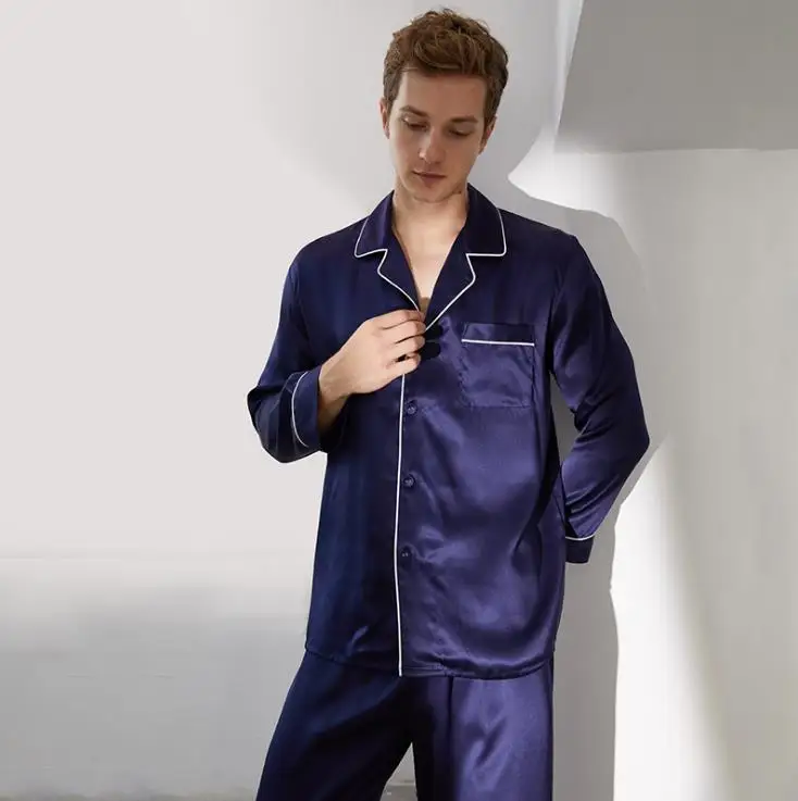 Men Luxury Sleepwear 100% Silk Satin Pajamas Set Soft Long Sleeve Loungewear Set