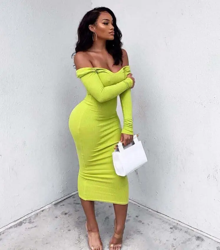 

WIIPU 2019 Women's Neon Green Ruched Off Shoulder Long Sleeve Bodycon Dress, Pictures