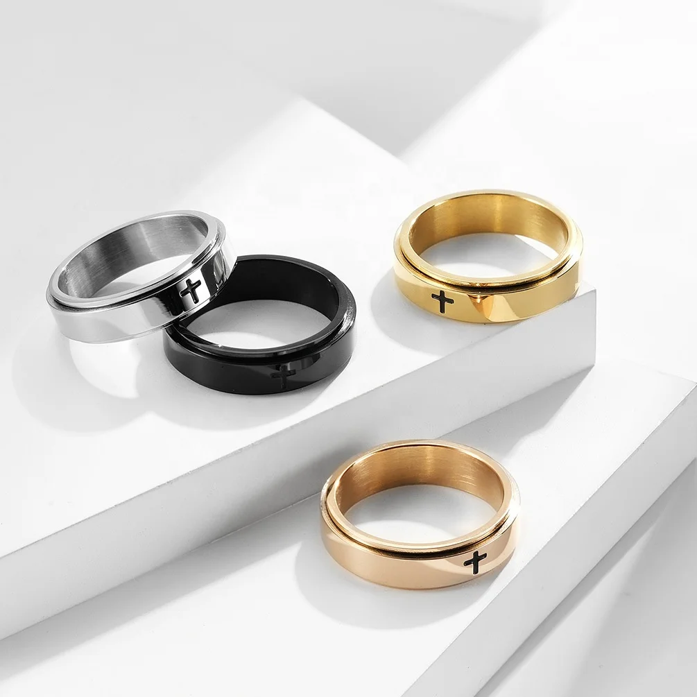 

Rotatable Anxiety Ring Cross Titanium Steel Men's Ring, Gold,black ,rose gold,steel