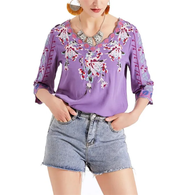 

2021 New Design Ladies Short Sleeve Blouse And Tops Blouses Floral Embroidery, Gray/green/navy/red/purple