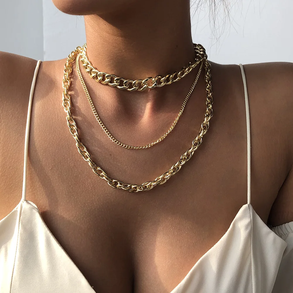 

European and American popular punk hip-hop style multi-layer necklace, personality and generous metal thick chain necklace, Picture