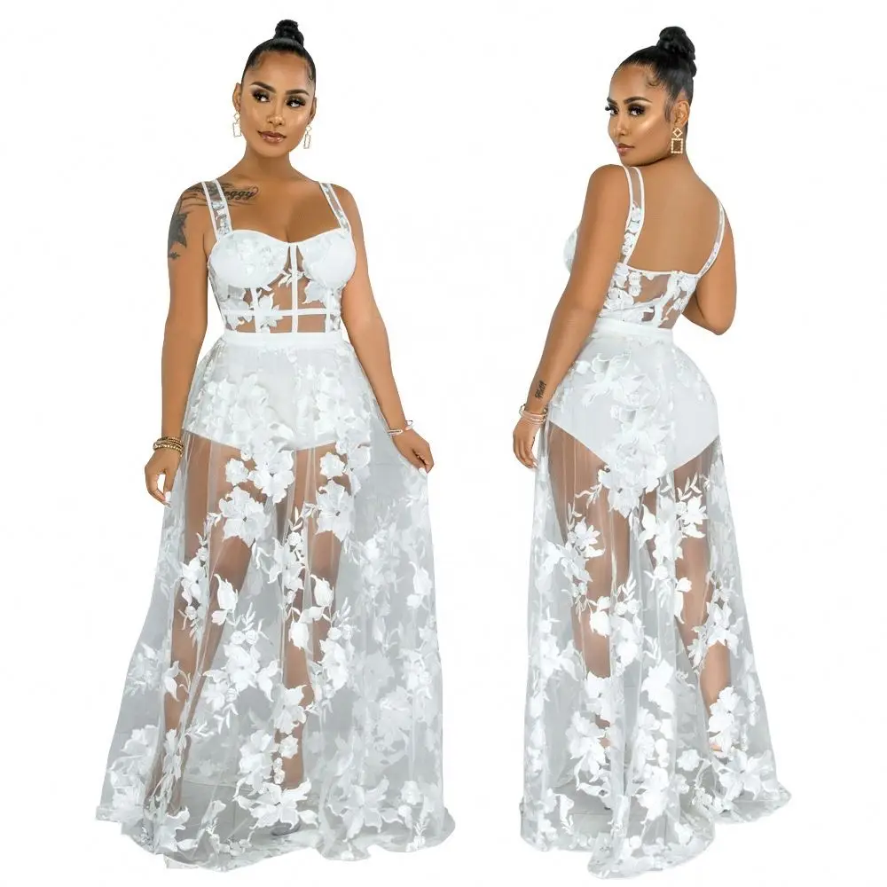 

XL Korea Classy Fashion Boutique Clothing For Women Summer Sexy Embroidery See Through Two Piece Night Club White Clothes Casual, Shown
