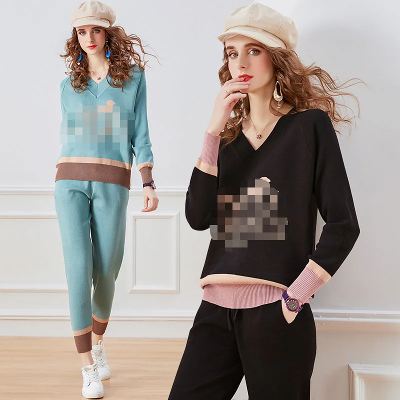 

Droma in stock fashion candy color ladies V-neck knitted tops long pants trendy women two piece sets, Picture color