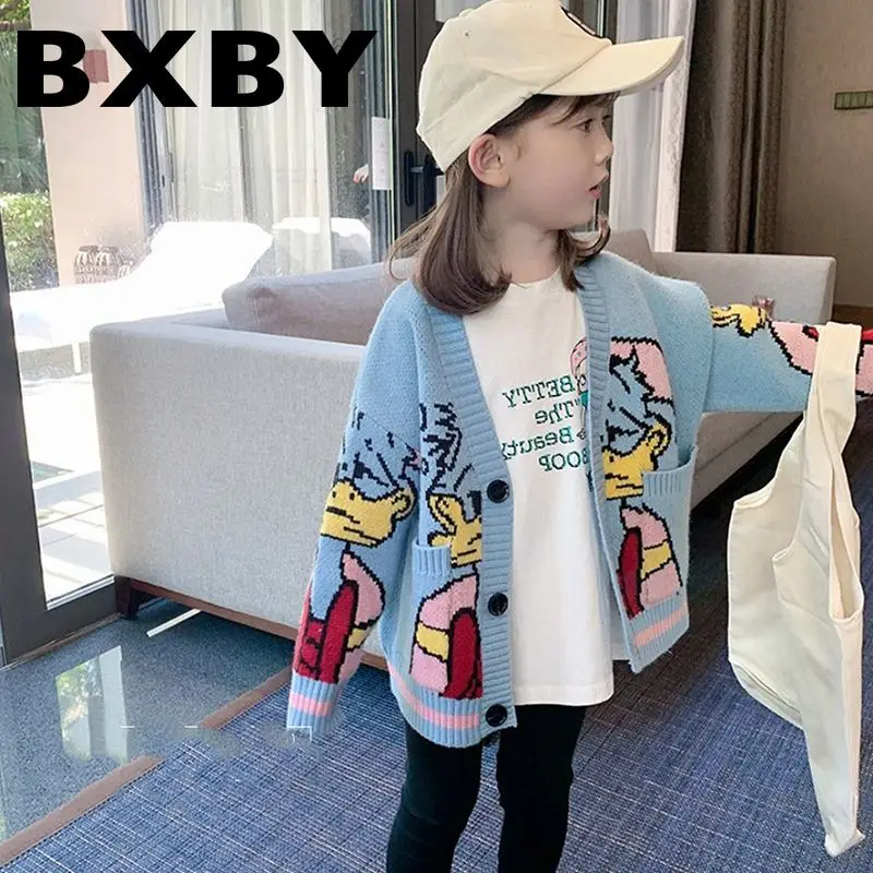 

Fashionable Infant Clothing Girls Sweater Cartoon V Neck Single Breasted Cardigan Top 21 Fall Winter New 3-8 Years Old, 1,2