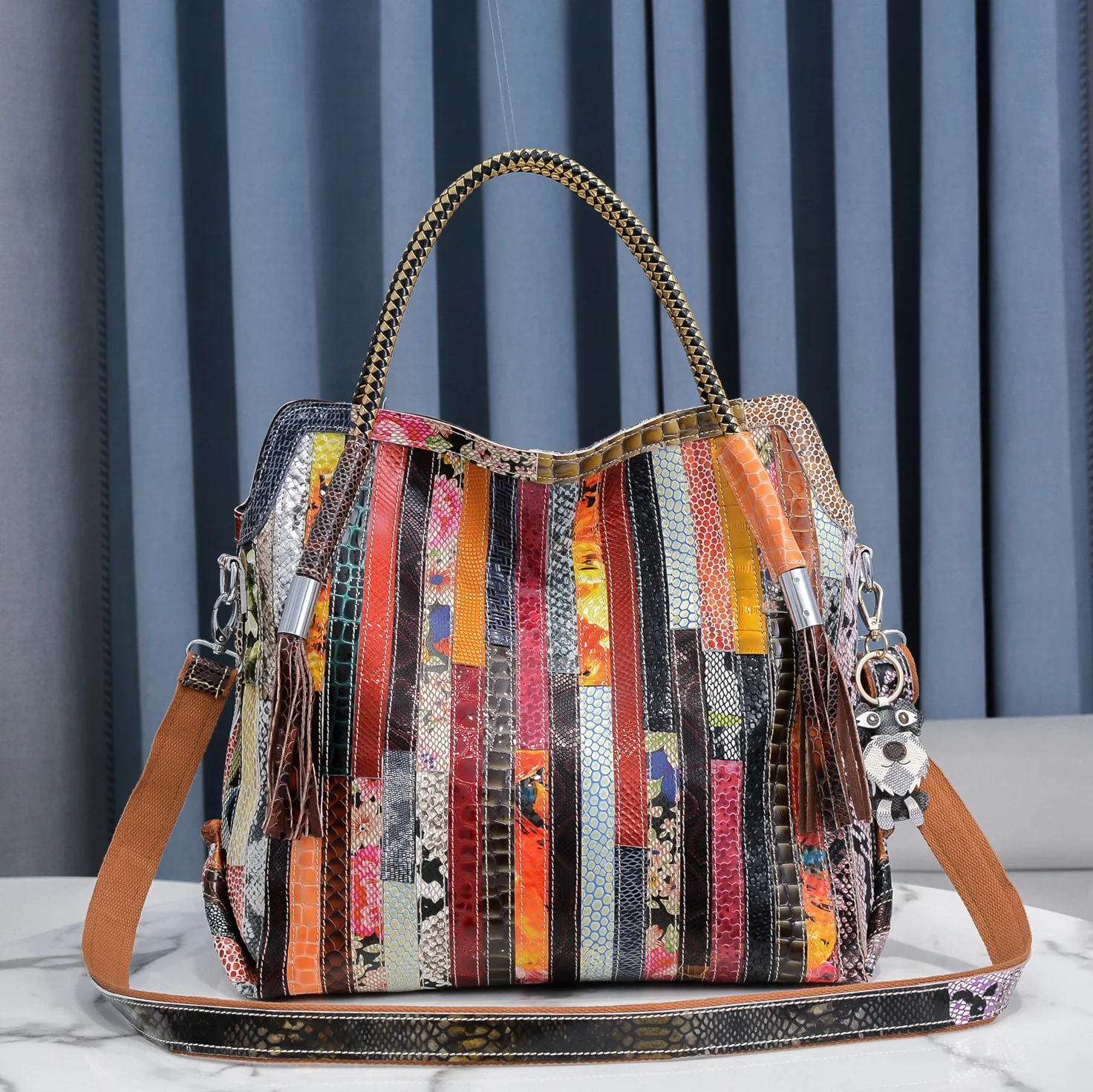 

Genuine Leather Cowhide Snake Pattern Colorful stripes spell Characteristic Shoulder Diagonal Portable Casual Female bag