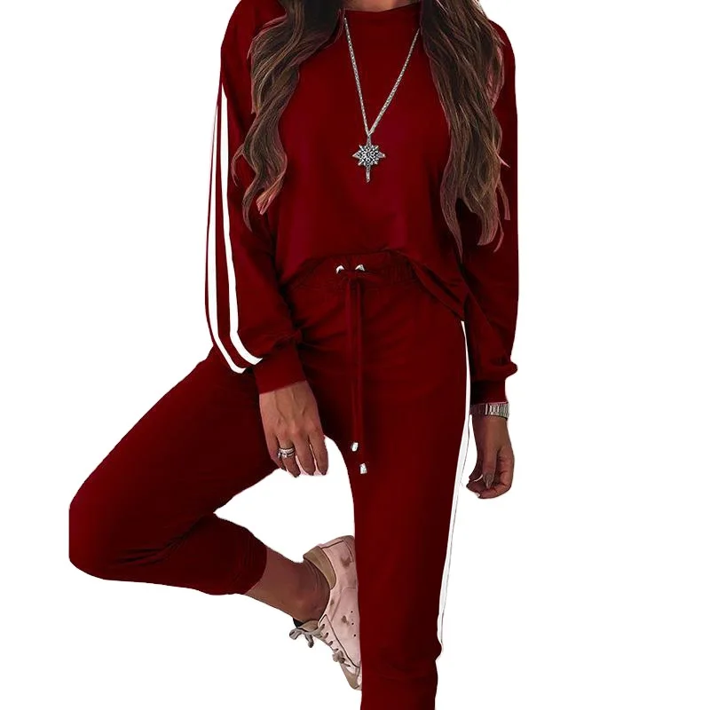 

Fall Solid Color Splicing Loose Sweatsuit Women Casual Sportswear Jogger Two Pieces Pants Set, Pink, gray, black, lake blue, burgundy