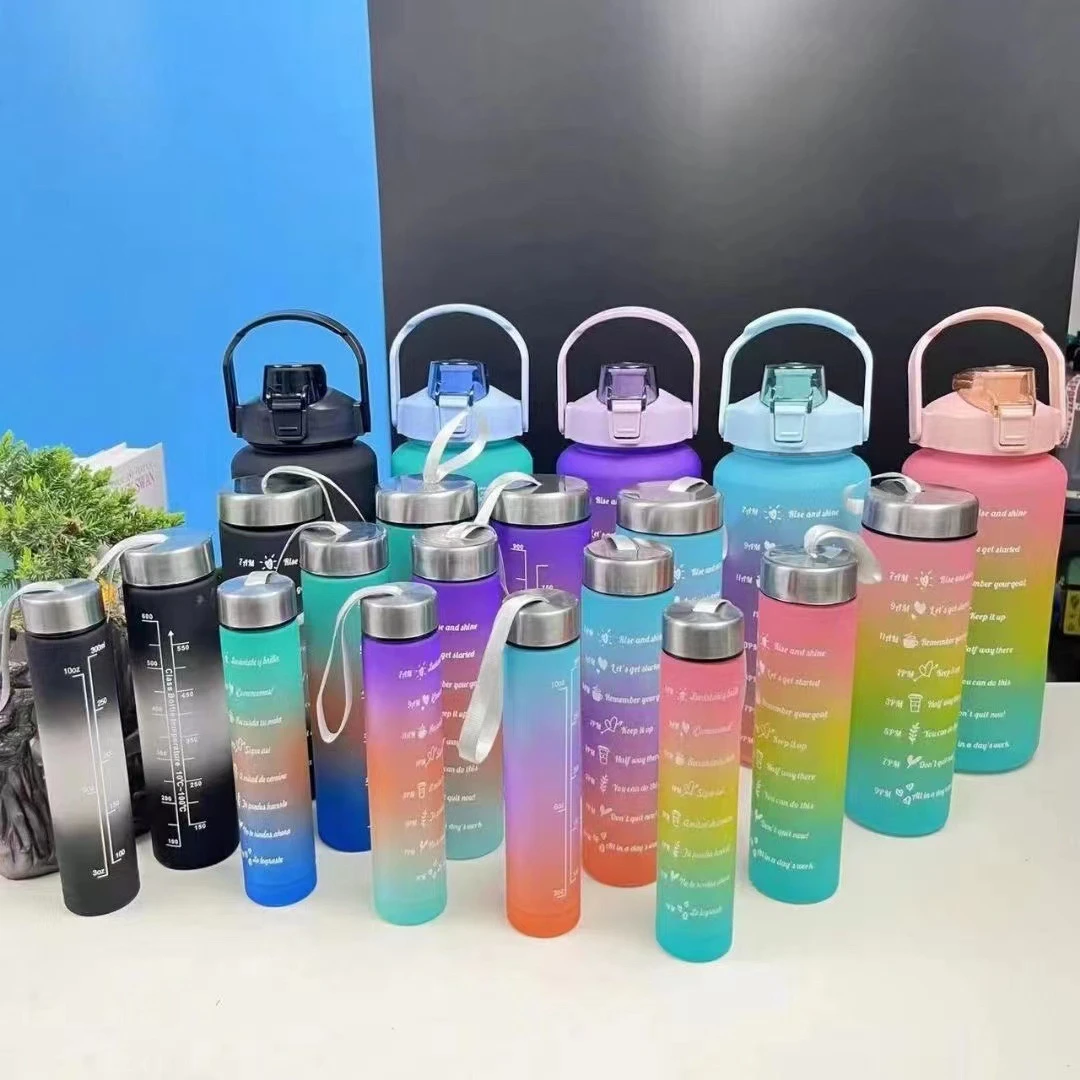 

M04 4 pcs In One Plastic Sports ports bottle botella de agua termos de agua gym Motivational Water Bottle