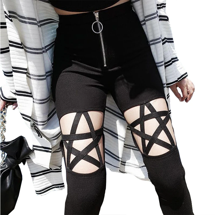 

Hot style high waist tight skinny pencil pants pentacle hollow zipper fadeless ladies jean trousers women
