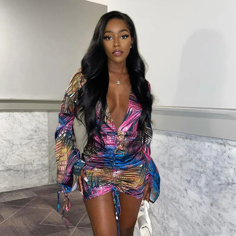 

M68018 - women fashion casual flare long sleeve printed drawstring mini dresses