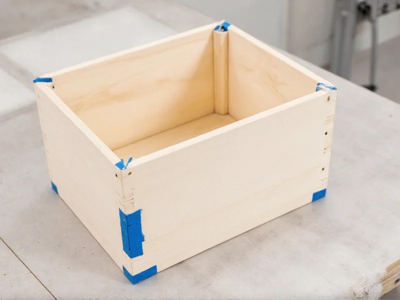 Wooden mold box sealed with blue painter's tape corners