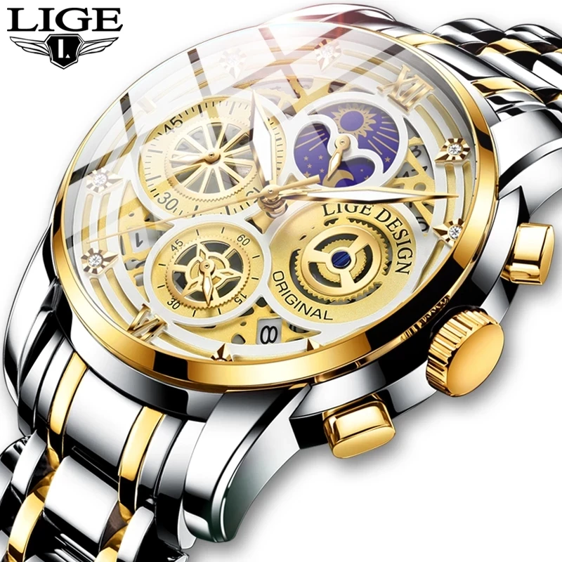 

New LIGE 8942 Sport Watch Top Luxury Gold Steel Quartz Watches Men Wrist Fashion Hollow Waterproof Wristwatch Montre Homme, 5-colors