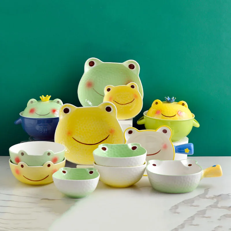 

Japanese cartoon cute frog ceramic bowl set salad instant noodle bowl household children rice bowl plate, As picture