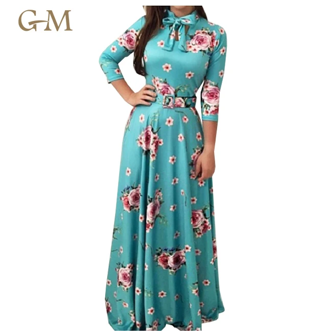 Summer Beach Wear Long Floral Printing Maxi Dress with bow for Woman
