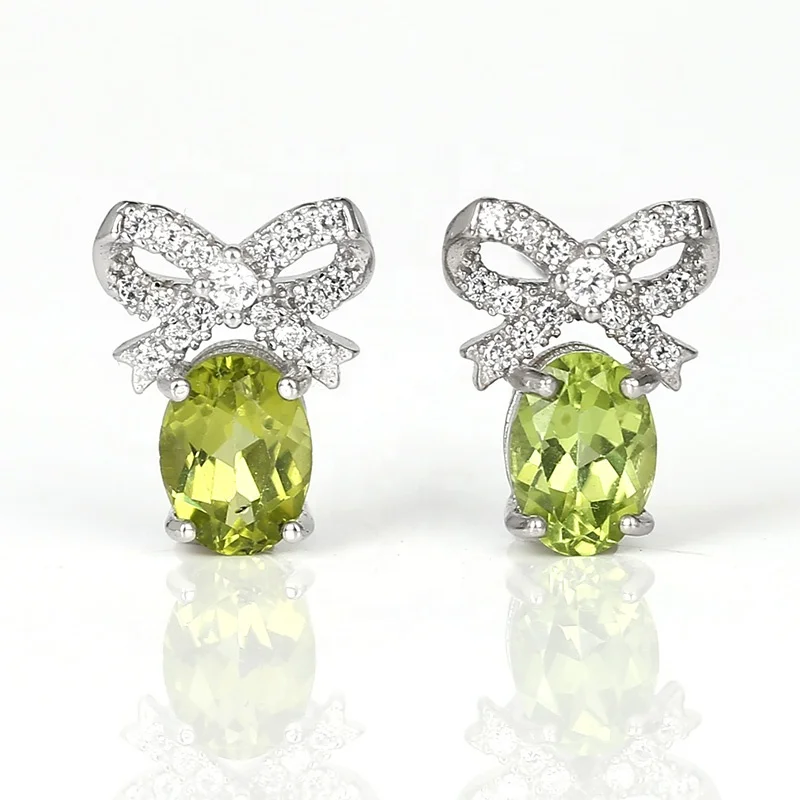 

Handmade Jewelry Claw Setting Green Oval Peridot Zircon Ear Studs Bow Stud Earring