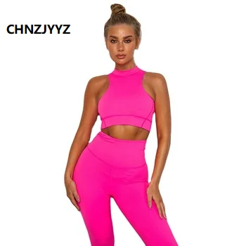 

CHNZJYYZ Wholesale 2020 High Rise High Quality Colored Fluorescence Workout Running Yoga suit Fitness Set For Women, Pictures shows