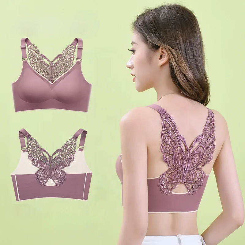 

Women's Comfort Plus Size Latex cup Wireless Embroidery Butterfly back underwire bra With padded, Black, skin color,green, purplish red