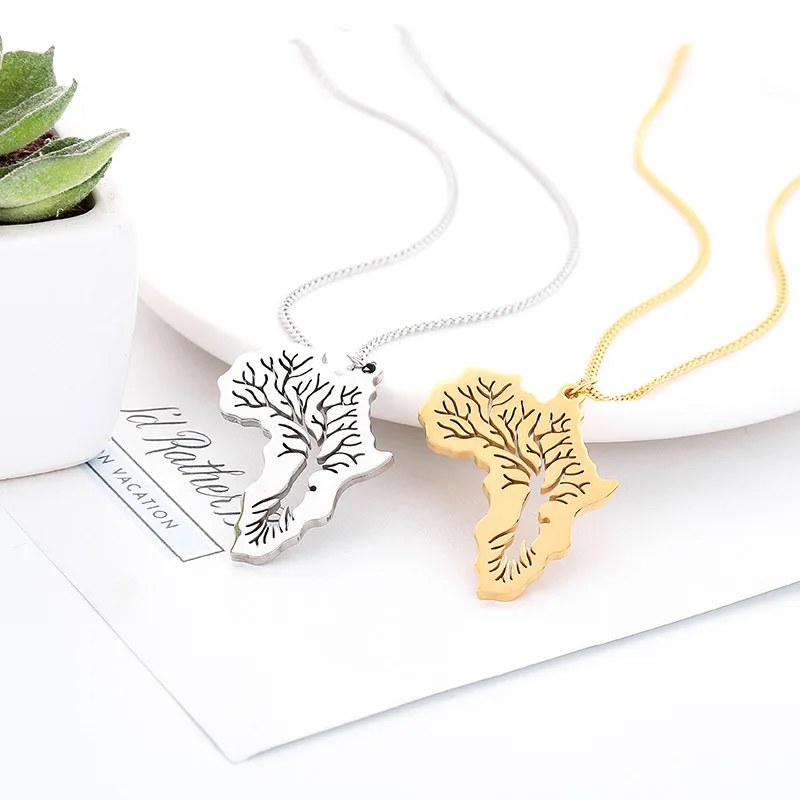 

New Arrival Stainless Steel Africa Map Life Tree Hip Hop Pendant Necklace Accessories Personalized Hollow Necklace, Gold/silver color