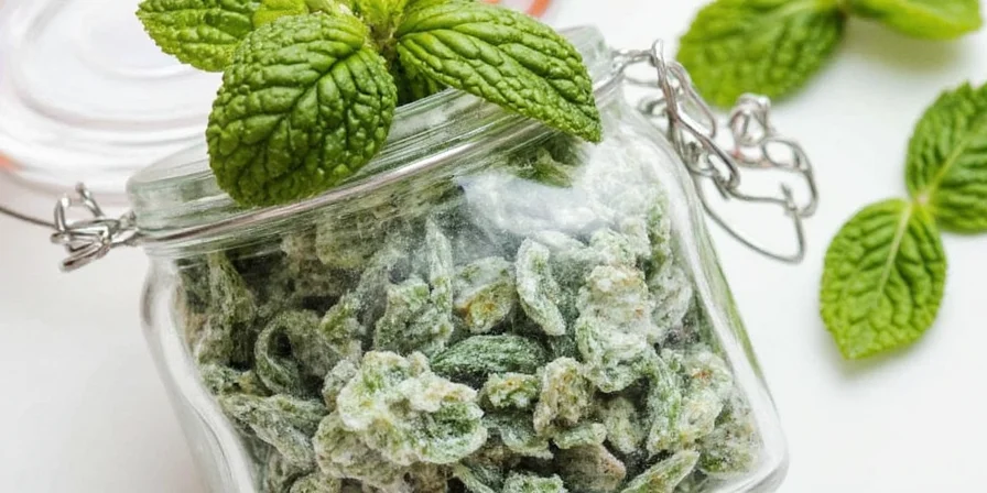 Grinding freeze dried mint with mortar and pestle