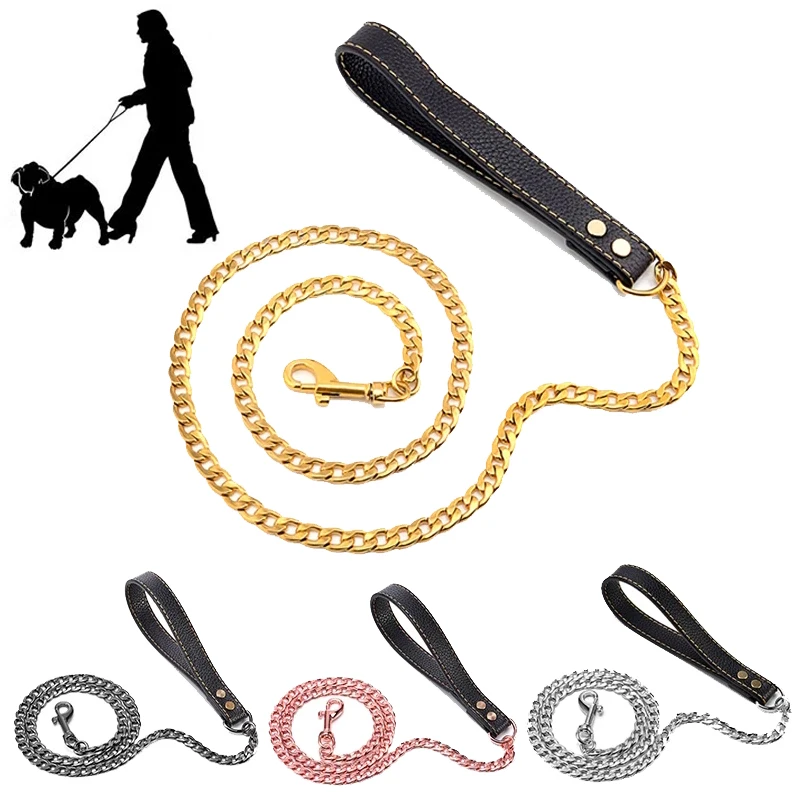 

Strong Stainless Steel Gold Chain Dog Leash Lead Metal Choke Chain Gold Dog Leash, Gold,rose gold,silver,black