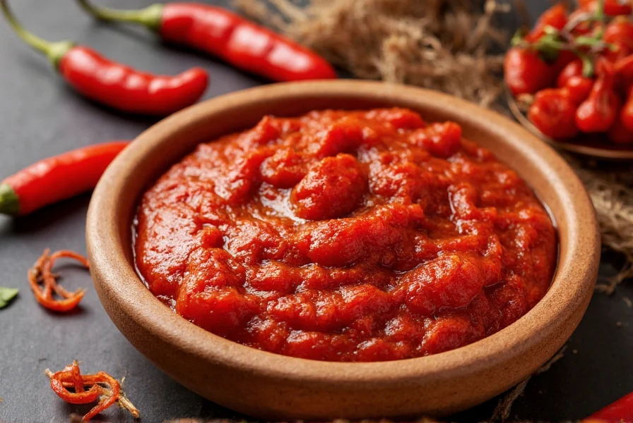 Close-up of vibrant red Thai chili paste in glass jar
