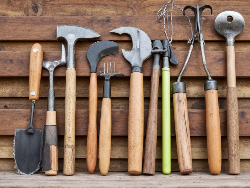 DIY backyard maintenance tools organized on wooden bench