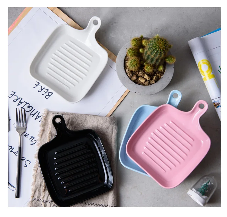 

Microwave and Oven Safe Porcelain Plate Nonstick Bake ware Cookware Tray Baking Pan with Handle, Blue,pink,,white,black