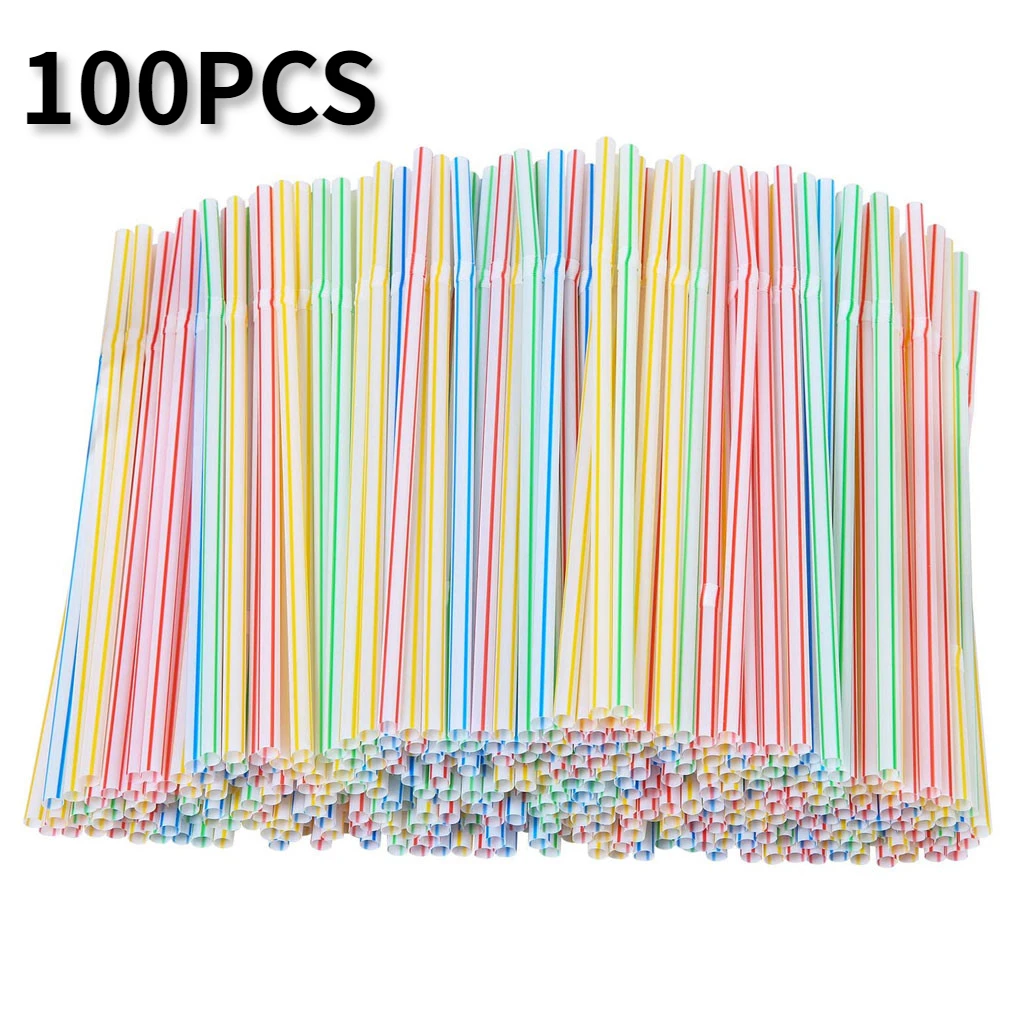 

100pcs Plastic Drinking Straws 8 Inches Long Multi Colored Straw Multi-Colored Striped Bedable Disposable Straws Party
