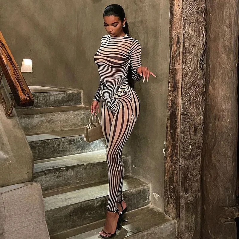

Defeng  Wholesale 2021 fall new zebra stripes high waist see through two piece pants mesh set for woman, Photo shows