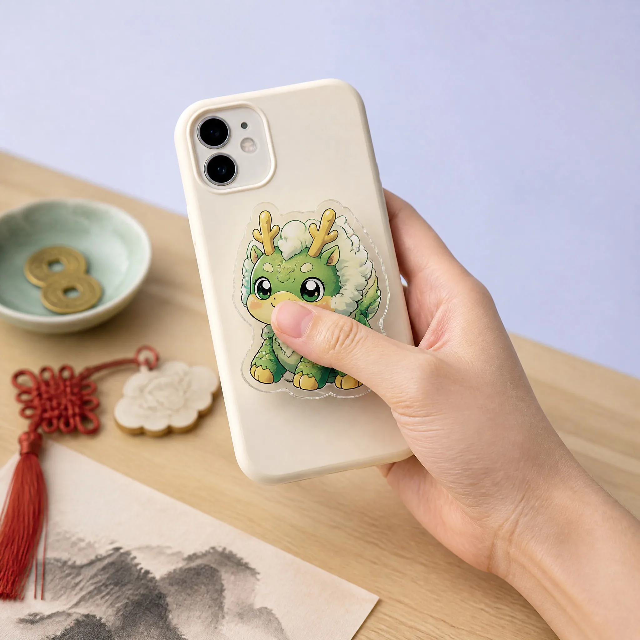 Real Lifestyle In-Hand Hold of Jade Dragon Acrylic Phone Grip on Smartphone Case in Tea Room Setting