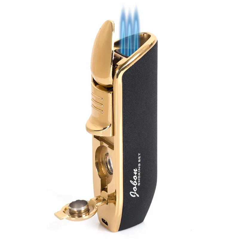 

Customized Three Straight Flush Gas Inflatable Cigar Straight Flush Windproof Torch Lighter With Cigar Cutter