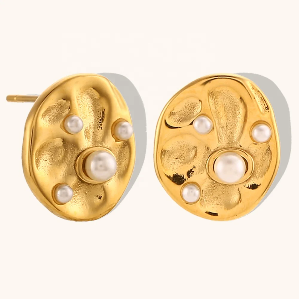 

New Creative Pearl Stud Earrings Hypoallergenic 18k Gold Plated Stainless Steel Jewelry Hammered Earrings