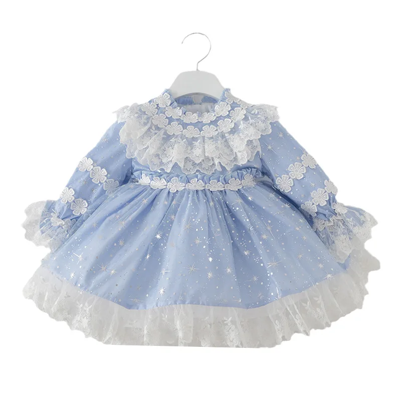 

ZY8010 fall flower blue Christmas baby girls Spanish vintage dresses princess tulle party wholesale children clothes