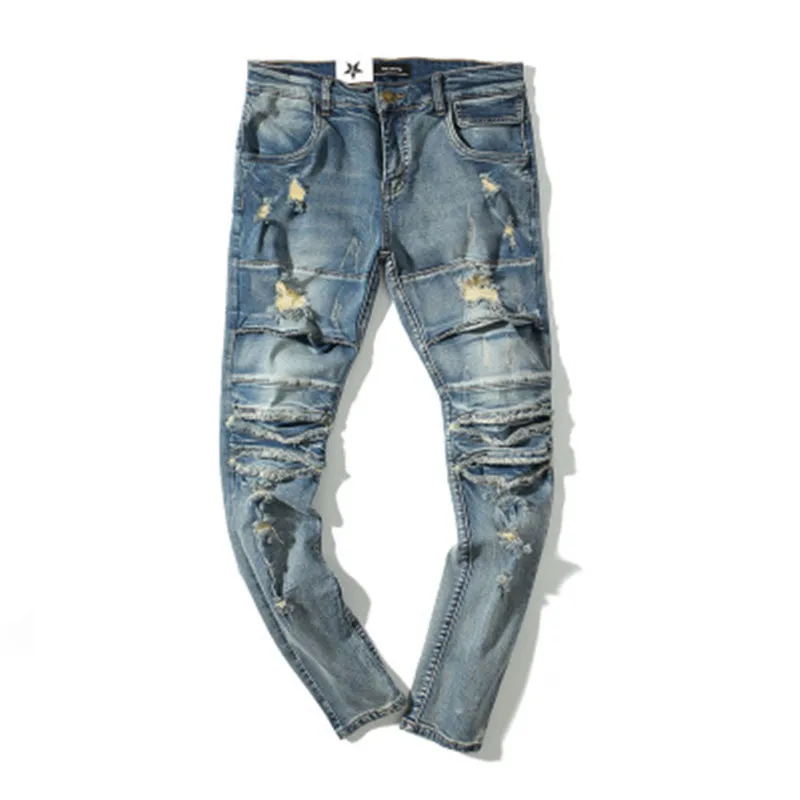 

Men's Fashion casual Personality Street Style Hole Jeans Classic Design Regular Men's Denim Elastic Pants, Customized color