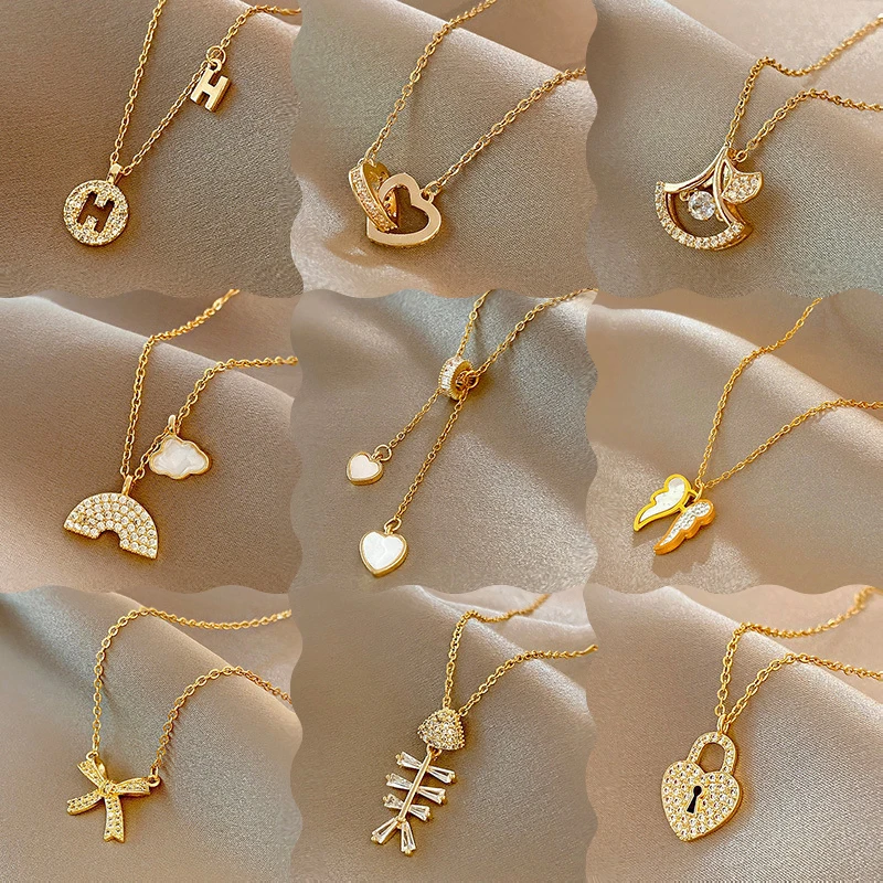 

2023 Fashion Stainless Steel Gold Plated Zircon Heart Letter Rainbow Simple Gold Choker Necklaces for Women Girl Jewelry Gift
