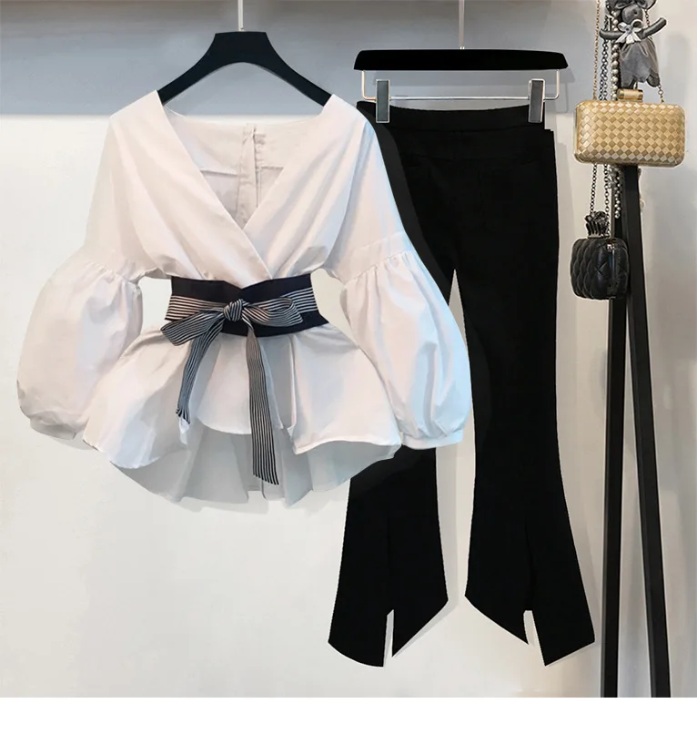 

Lantern Sleeve Blouse Shirt 2021 Two Piece Set Women Clothing Outfit Casual Lantern Sleeve Blouse Tops + Pants Plus Size 4xl