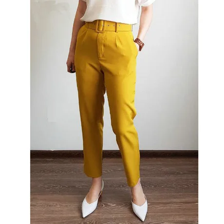 

Fashion summer new trend belt casual nine points solid color pants for women