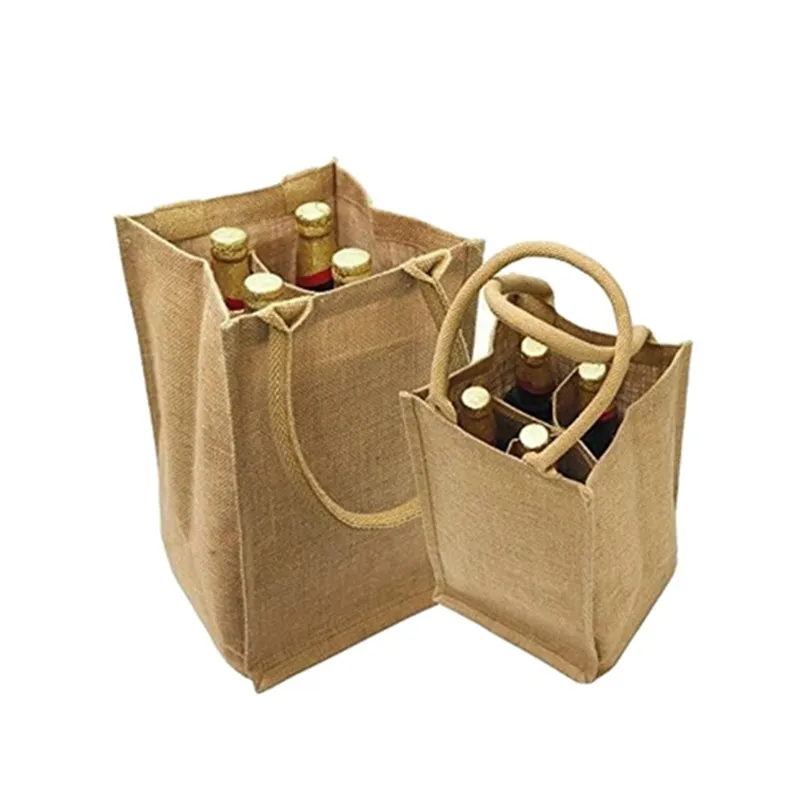 

Custom With Logo Printing Clear Window Carrier Bottle Hessian Linen Hemp Burlap Jute Tote Gift Wine Bag
