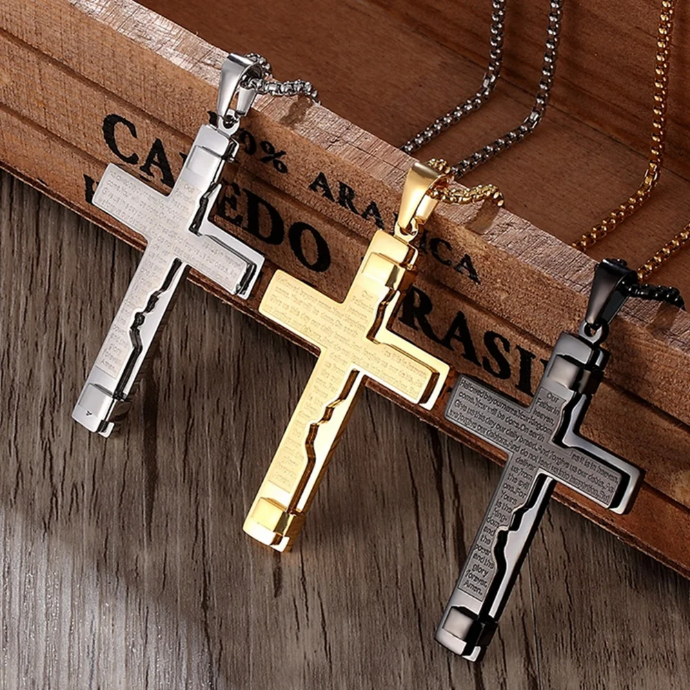 

MECYLIFE Christian Stainless Steel Bible Verse Engraved Cross Pendant Fashion Mens Cross Necklace, Steel,gold,black