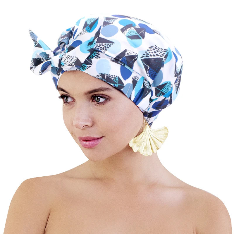 

Shower Room Hotel Printing Beauty Fashion Luxury Shower Cap For Women Hair Waterproof Shower Cap With Tie