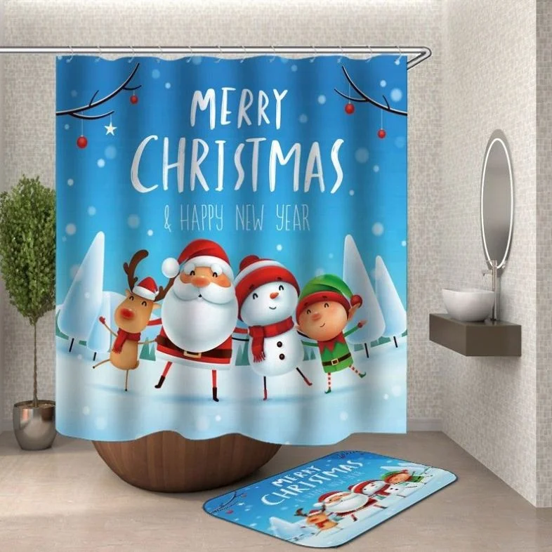 

Cartoon Animal Christmas Series Digital Printing Bathroom Curtain Toilet Lid Cover Bath Mat Non-Slip Rug, Picture