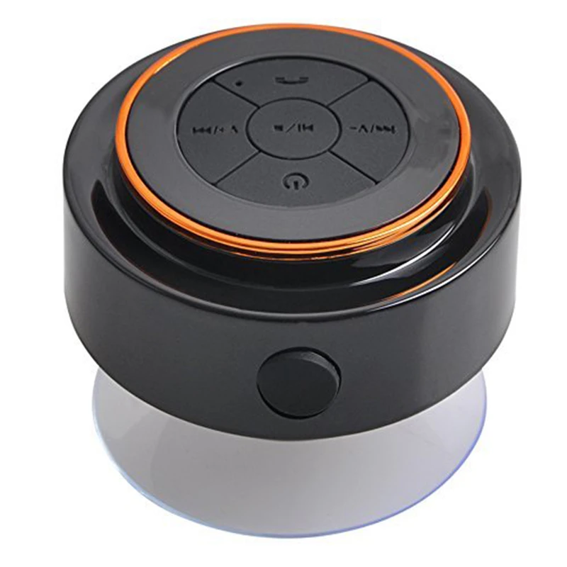 

Free shipping China factory directly supply hot sale IPX7 waterproof floating bluetooth shower speaker with suction cup, Black with orange,yellow,blue,red white with orange,yellow,blue,red