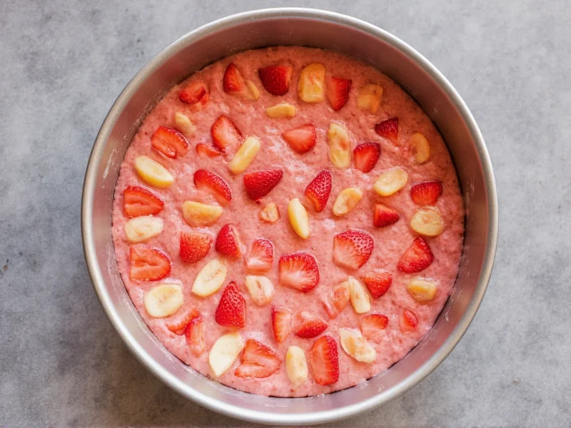 Strawberry cake batter with layered fruit in baking pan